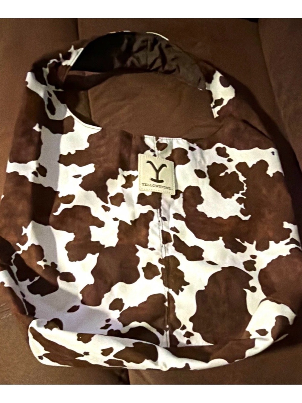 "Yellowstone" TV Show Faux Leather Cow Print Brown & White Hobo ToteBag New